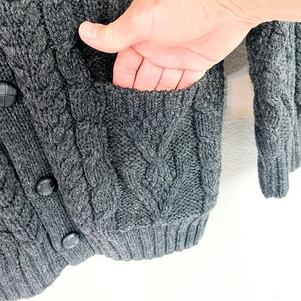 Saol Ireland Charcoal Grey 100% Merino Wool Cable Knit Cardigan Size L